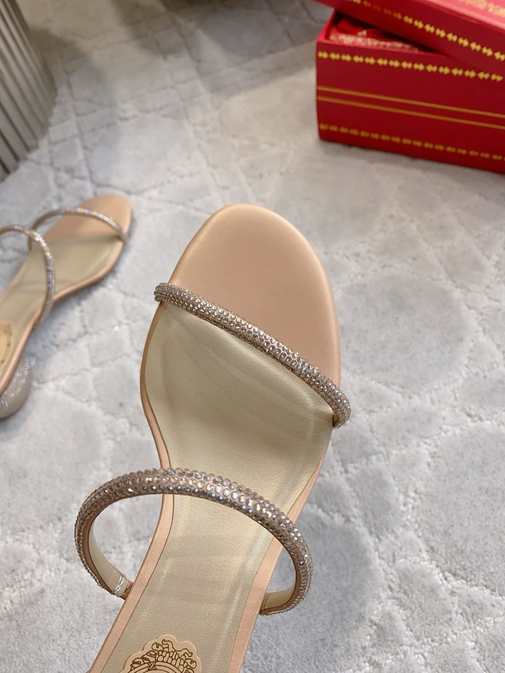 RENE CAOVILLA 26S HIGH-HEELED SANDALS 45 MM IN BEIGE LAMBSKIN