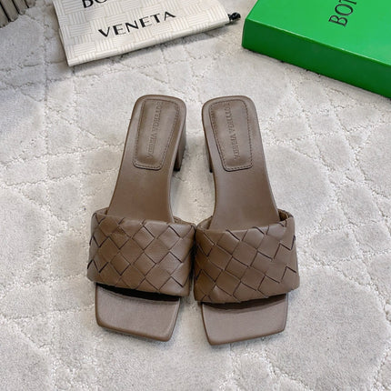 BOTTEGA VENETA 26S SQUARE-TOE HIGH-HEEL SANDALS 50 MM IN DARK BROWN LAMBSKIN