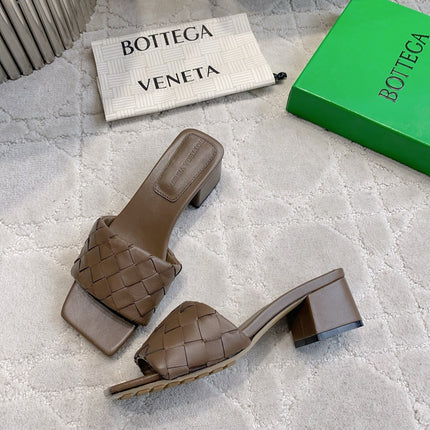 BOTTEGA VENETA 26S SQUARE-TOE HIGH-HEEL SANDALS 50 MM IN DARK BROWN LAMBSKIN