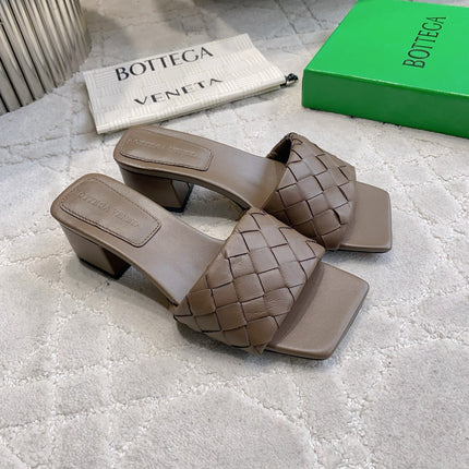 BOTTEGA VENETA 26S SQUARE-TOE HIGH-HEEL SANDALS 50 MM IN DARK BROWN LAMBSKIN