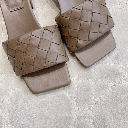 BOTTEGA VENETA 26S SQUARE-TOE HIGH-HEEL SANDALS 50 MM IN DARK BROWN LAMBSKIN