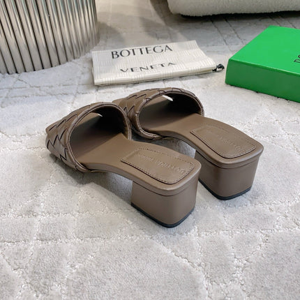 BOTTEGA VENETA 26S SQUARE-TOE HIGH-HEEL SANDALS 50 MM IN DARK BROWN LAMBSKIN