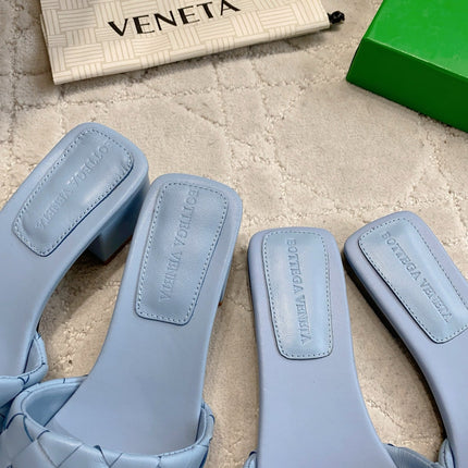 BOTTEGA VENETA 26S SQUARE-TOE SLIDE SANDALS IN BLUE LAMBSKIN