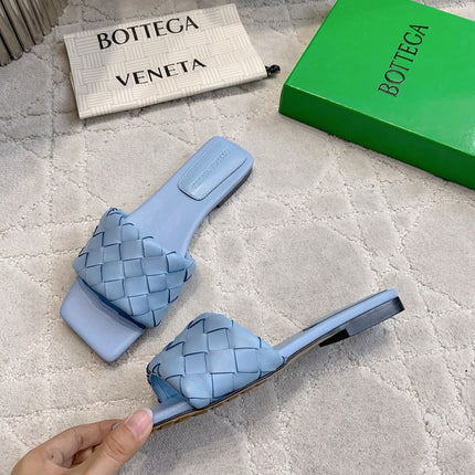 BOTTEGA VENETA 26S SQUARE-TOE SLIDE SANDALS IN BLUE LAMBSKIN
