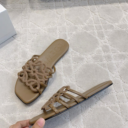 LOEWE 26S PETAL ANAGRAM SLIDE IN BROWN CALFSKIN