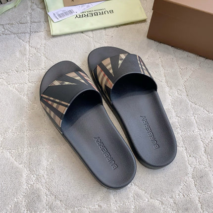 BURBERRY 26S CHECK PRINT RUBBER SLIDES IN BLACK BEIGE CALFSKIN