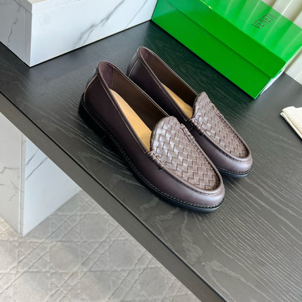 BOTTEGA VENETA 26S WOVEN LOAFERS IN DARK BROWN LAMBSKIN