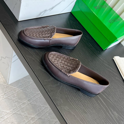BOTTEGA VENETA 26S WOVEN LOAFERS IN DARK BROWN LAMBSKIN