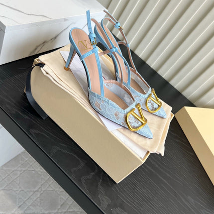 VALENTINO 26S SLINGBACKS 75 MM IN SKY BLUE FABRIC LACE