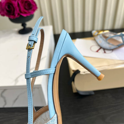 VALENTINO 26S SLINGBACKS 75 MM IN SKY BLUE FABRIC LACE