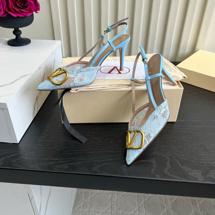 VALENTINO 26S SLINGBACKS 75 MM IN SKY BLUE FABRIC LACE