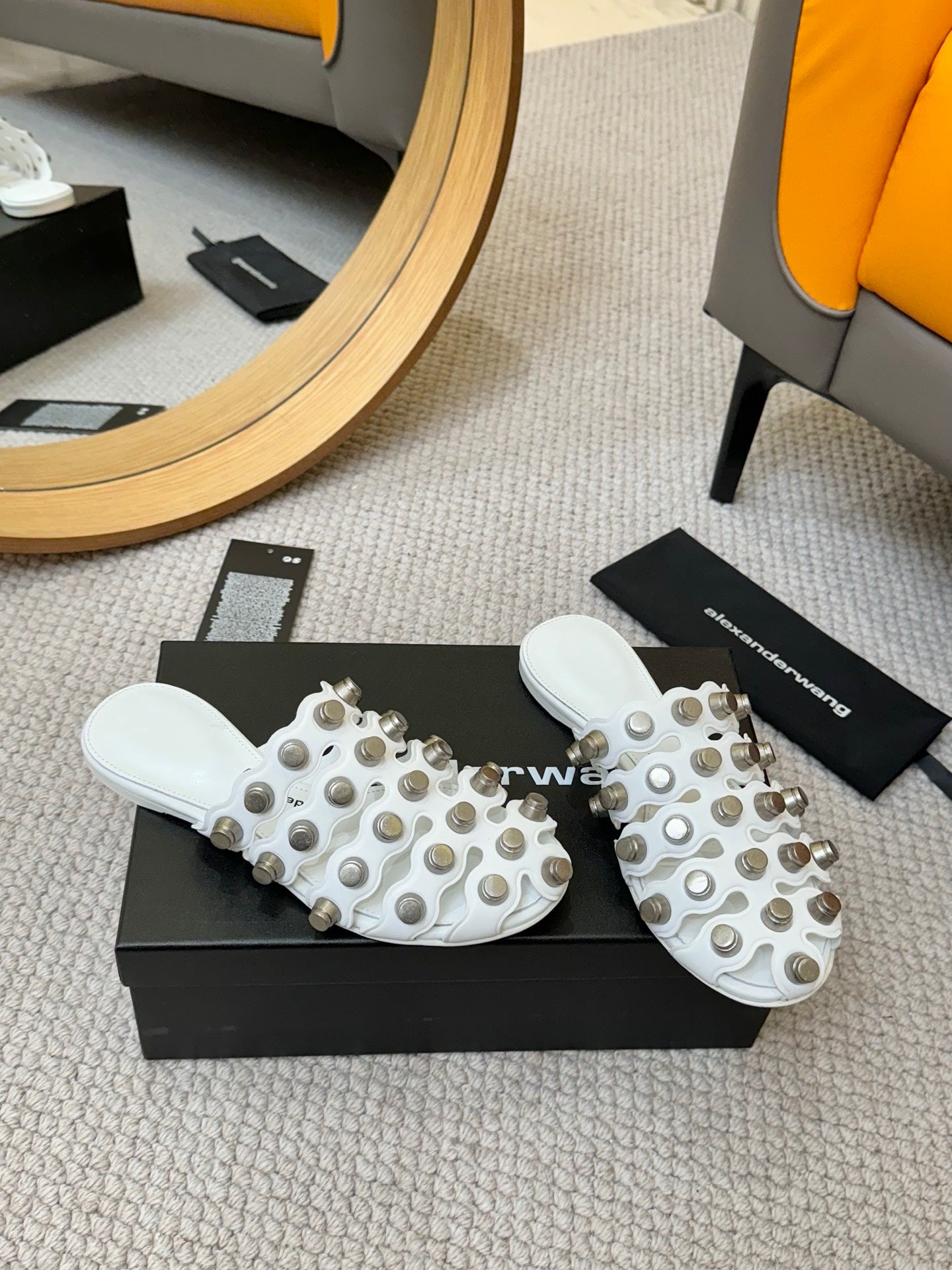 RHODES STUDDED REXA CAGE SLIDE IN WHITE LAMBSKIN
