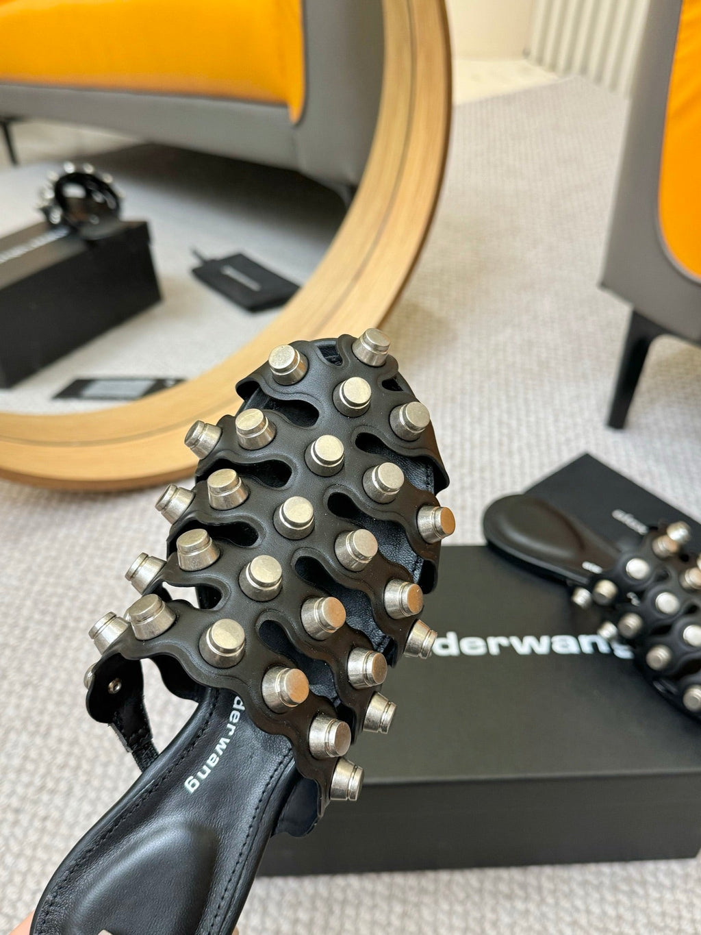 RHODES STUDDED REXA CAGE SLIDE IN BLACK LAMBSKIN