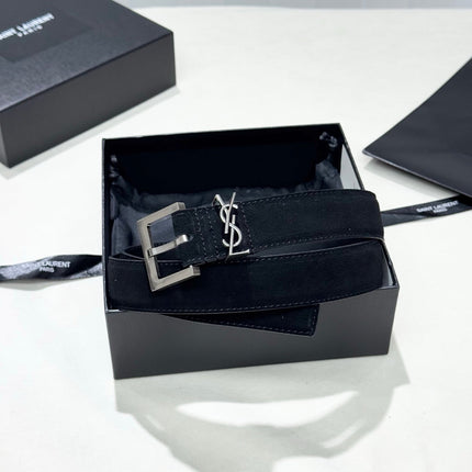 YSL 25S BELT 30 MM IN BLACK SUEDE WITH SILVER HARDWARE 586764