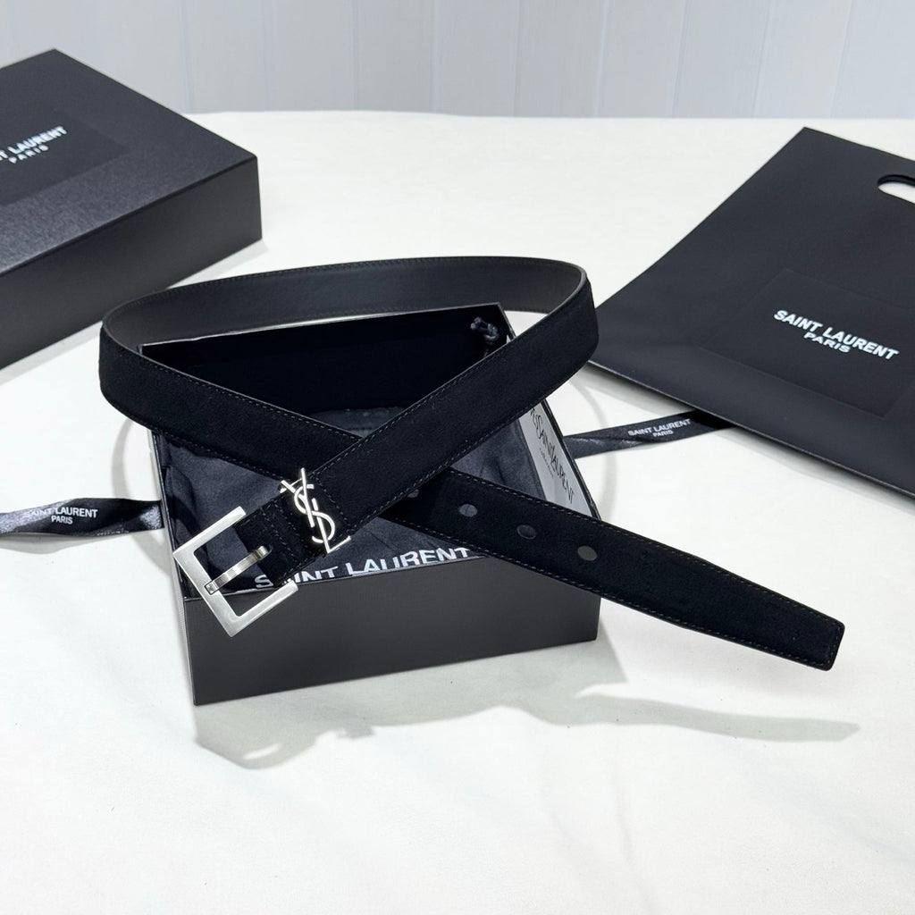 YSL 25S BELT 30 MM IN BLACK SUEDE WITH SILVER HARDWARE 586764