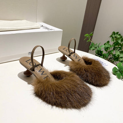 LOEWE 26S OPEN-BACK HIGH HEELS 60MM IN DARK BROWN CALFSKIN WITH FUR