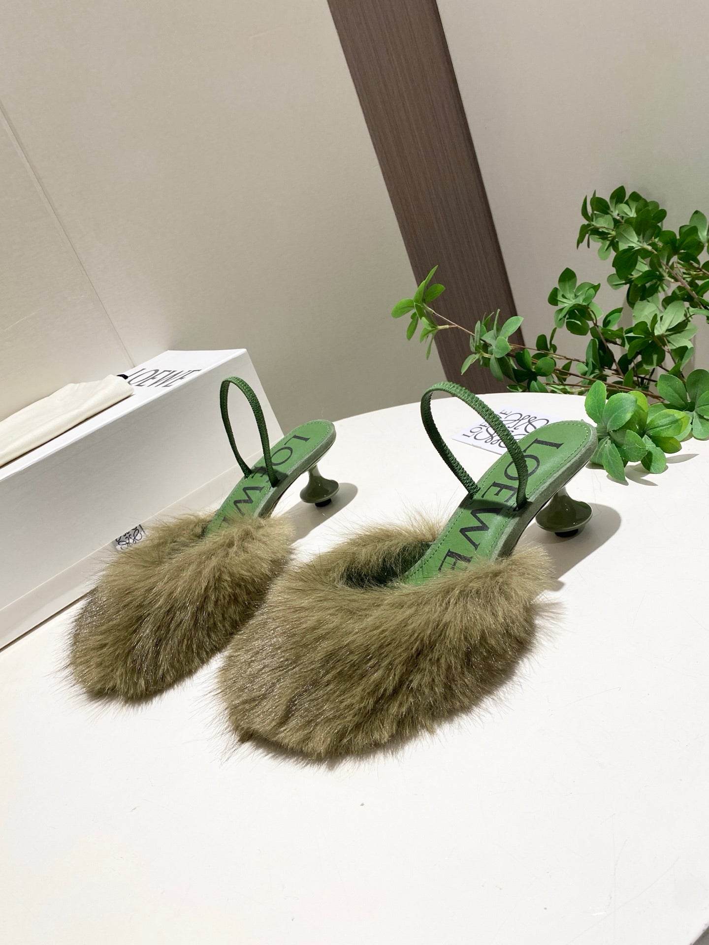 LOEWE 26S OPEN-BACK HIGH HEELS 60MM IN GREEN CALFSKIN WITH FUR