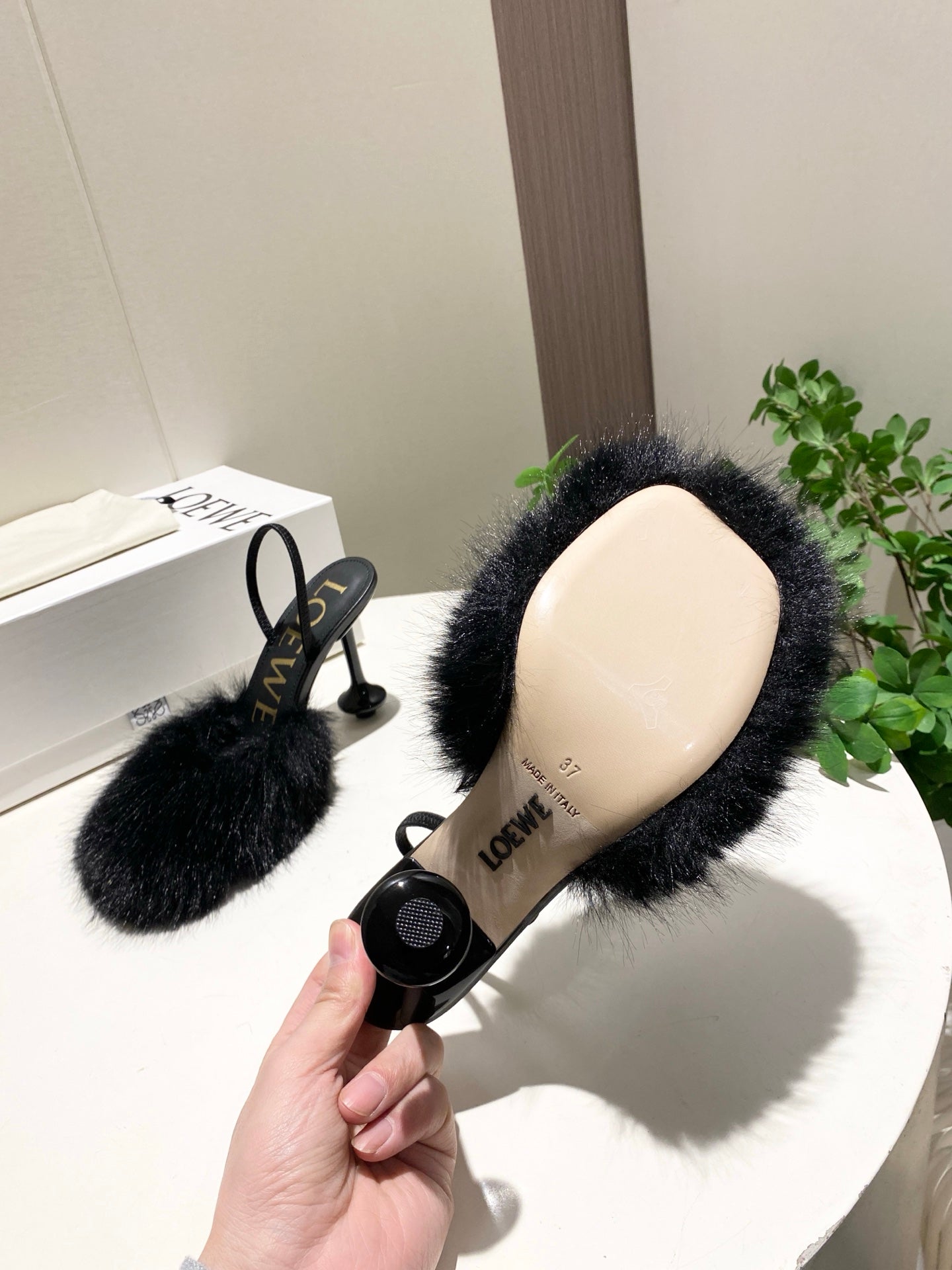 LOEWE 26S OPEN-BACK HIGH HEELS 100MM IN BLACK CALFSKIN WITH FUR
