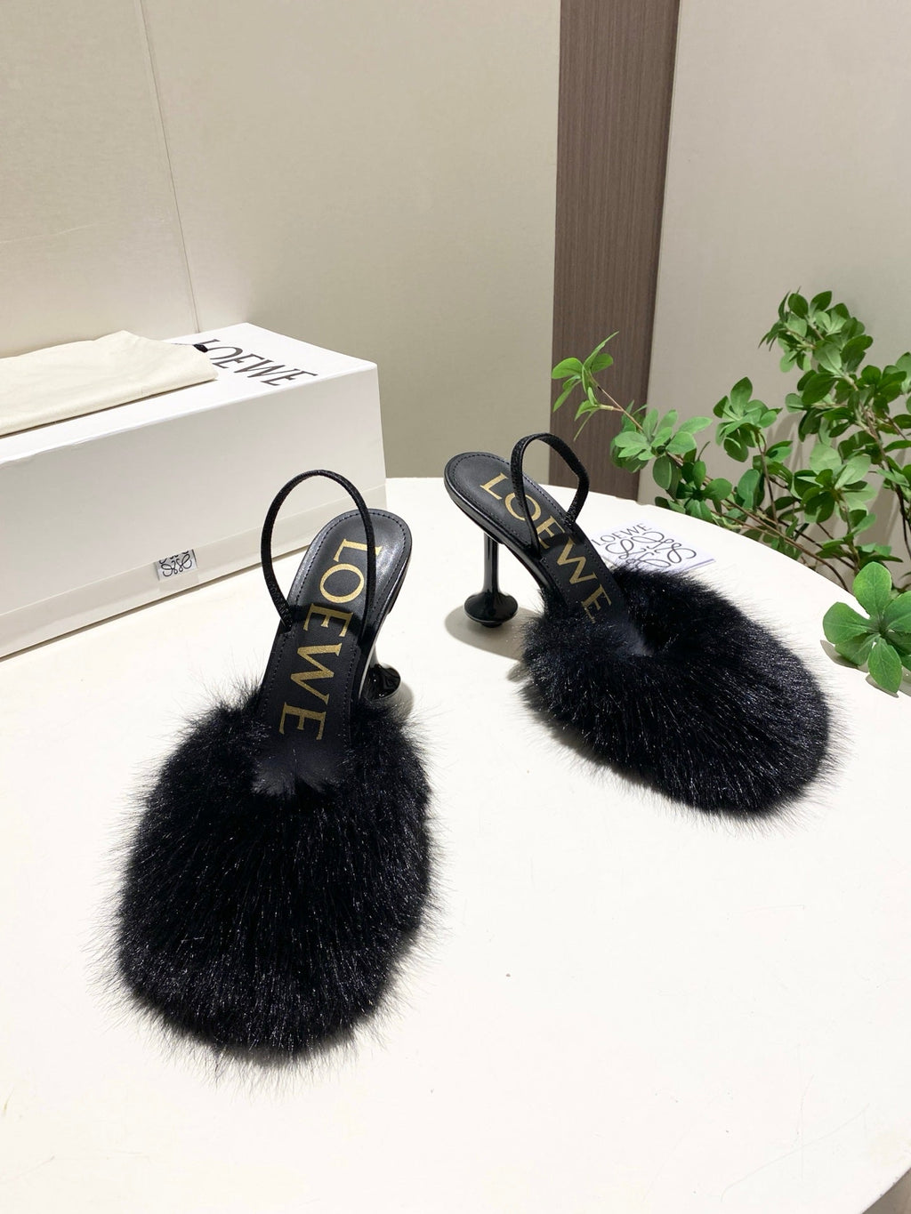 LOEWE 26S OPEN-BACK HIGH HEELS 100MM IN BLACK CALFSKIN WITH FUR