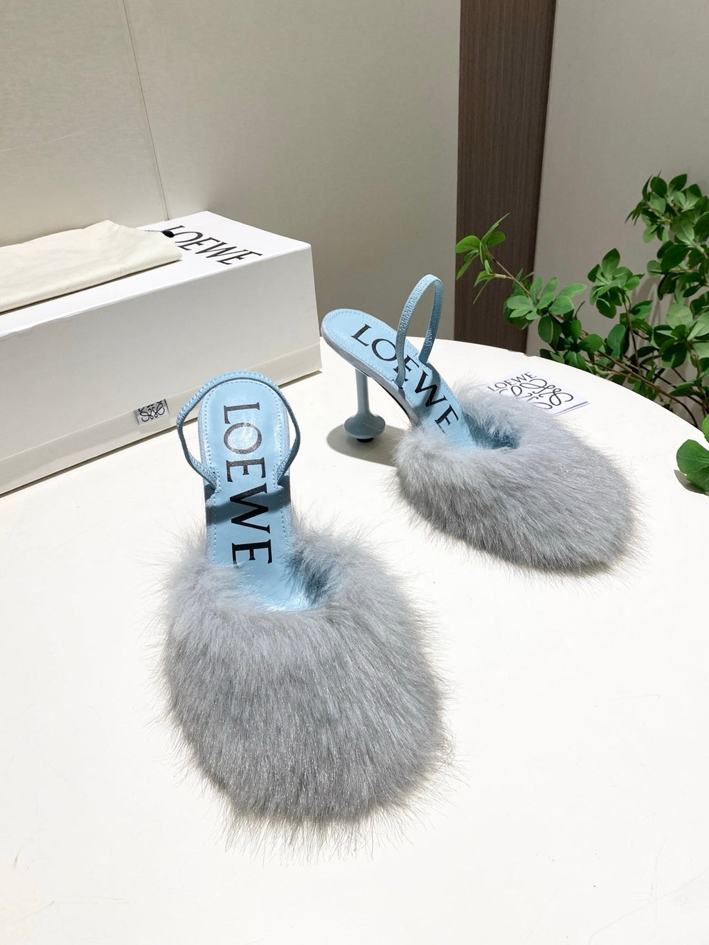 LOEWE 26S OPEN-BACK HIGH HEELS 100MM IN LIGHT BLUE CALFSKIN WITH FUR