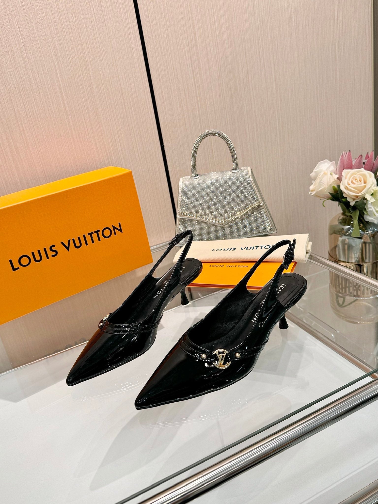 6AM SLINGBACK HIGH HEELS 55 MM IN BLACK PATENT LAMBSKIN