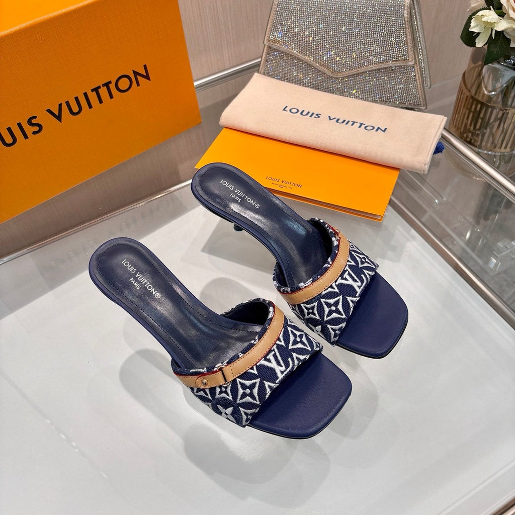 LV 26S HIGH-HEELED MULES 55 MM IN DARK BLUE AND WHITE EMBROIDERED MONOGRAM CANVAS