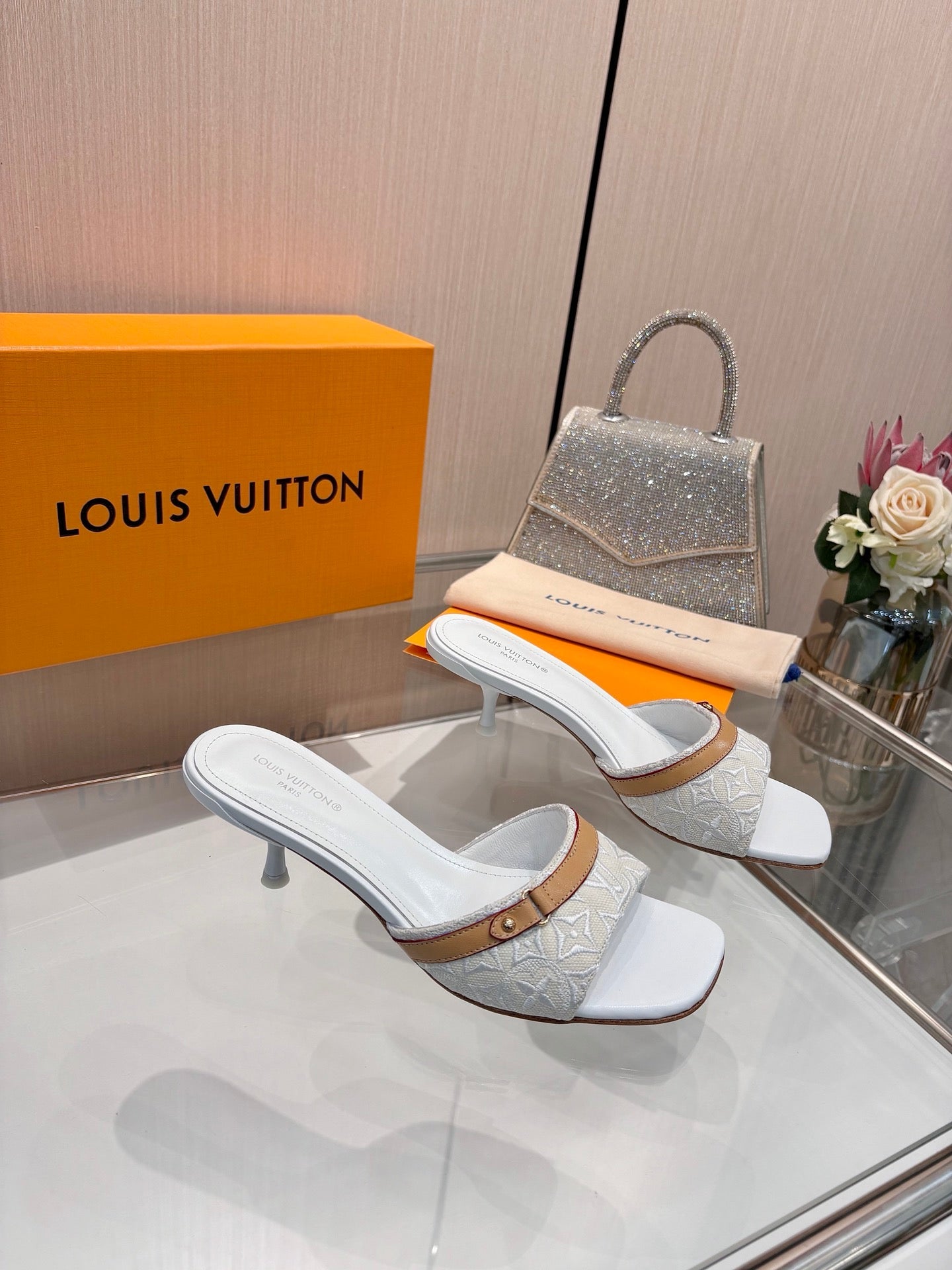 LV 26S HIGH-HEELED MULES 55 MM IN PALE BLUE GRAY EMBROIDERED MONOGRAM CANVAS