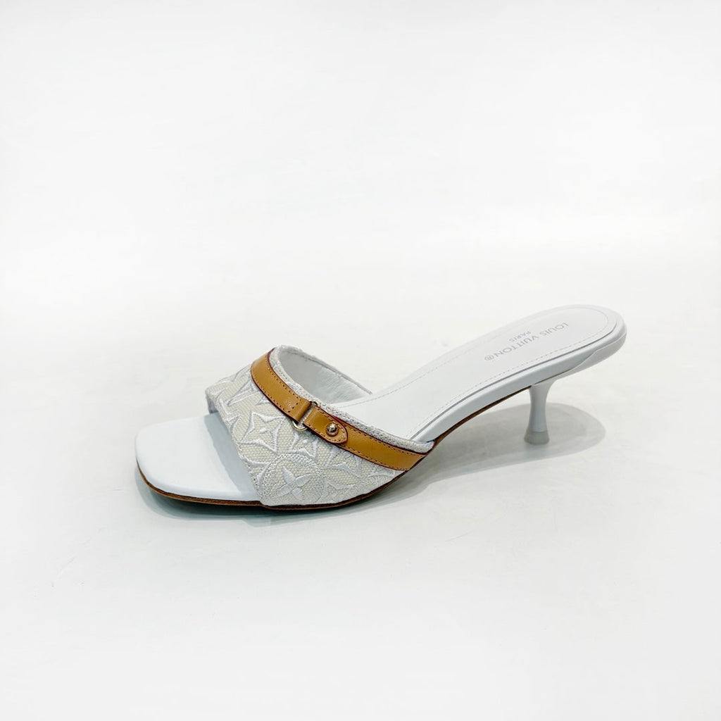LV 26S HIGH-HEELED MULES 55 MM IN PALE BLUE GRAY EMBROIDERED MONOGRAM CANVAS