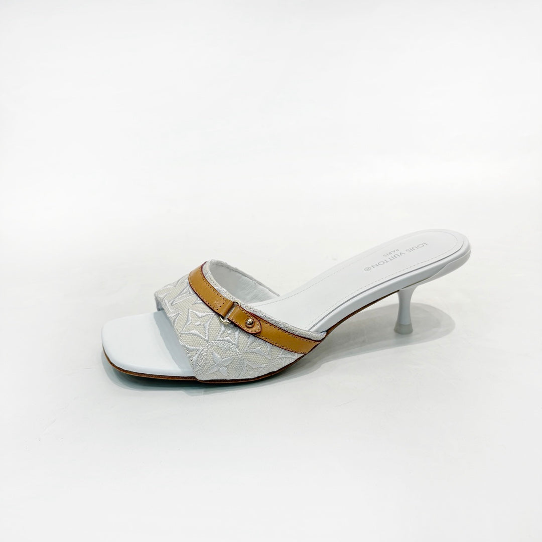 LV 26S HIGH-HEELED MULES 55 MM IN PALE BLUE GRAY EMBROIDERED MONOGRAM CANVAS