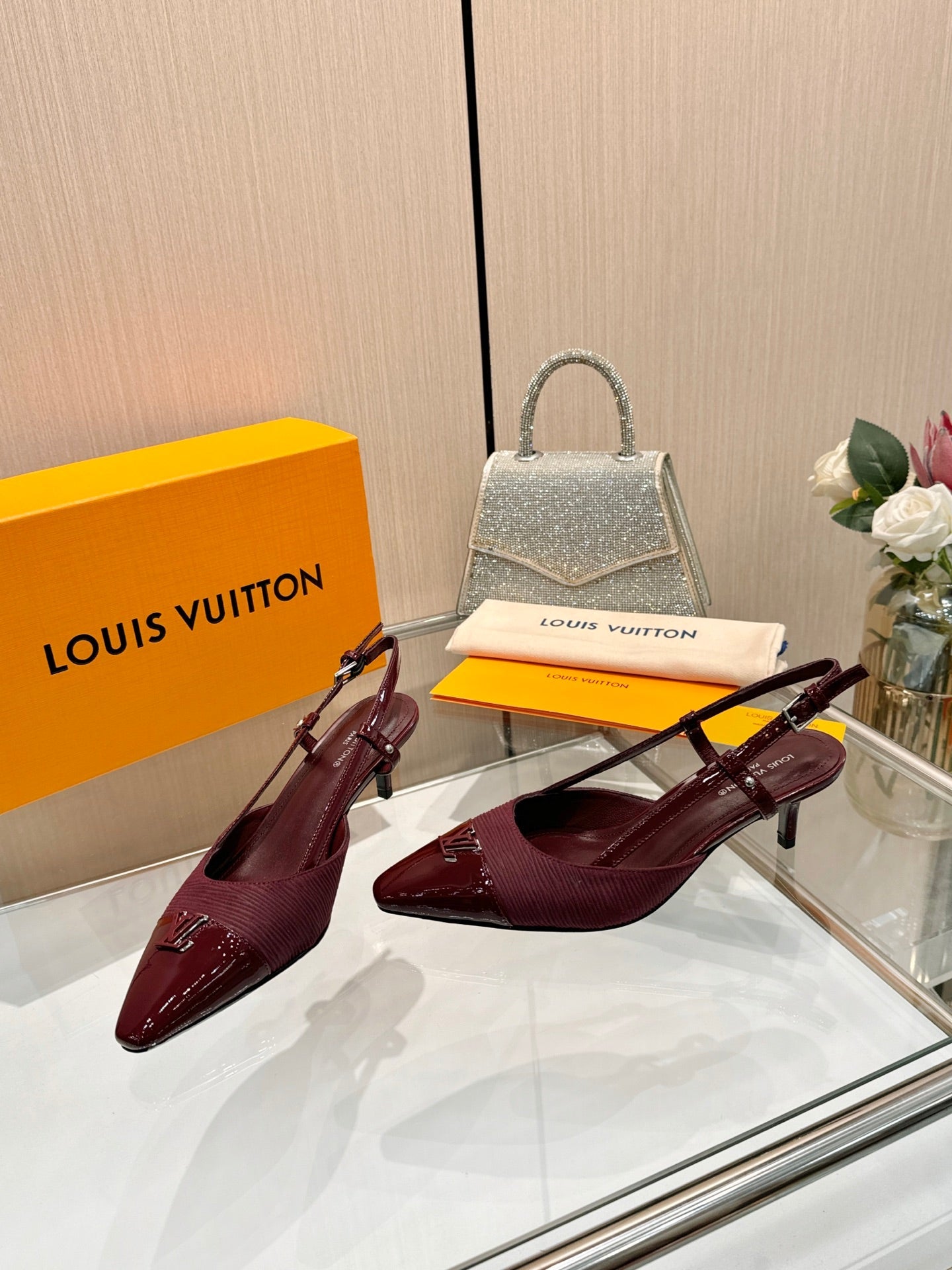 LV 26S SLINGBACK PUMPS 55 MM IN DARK RED FABRIC AND CALFSKIN