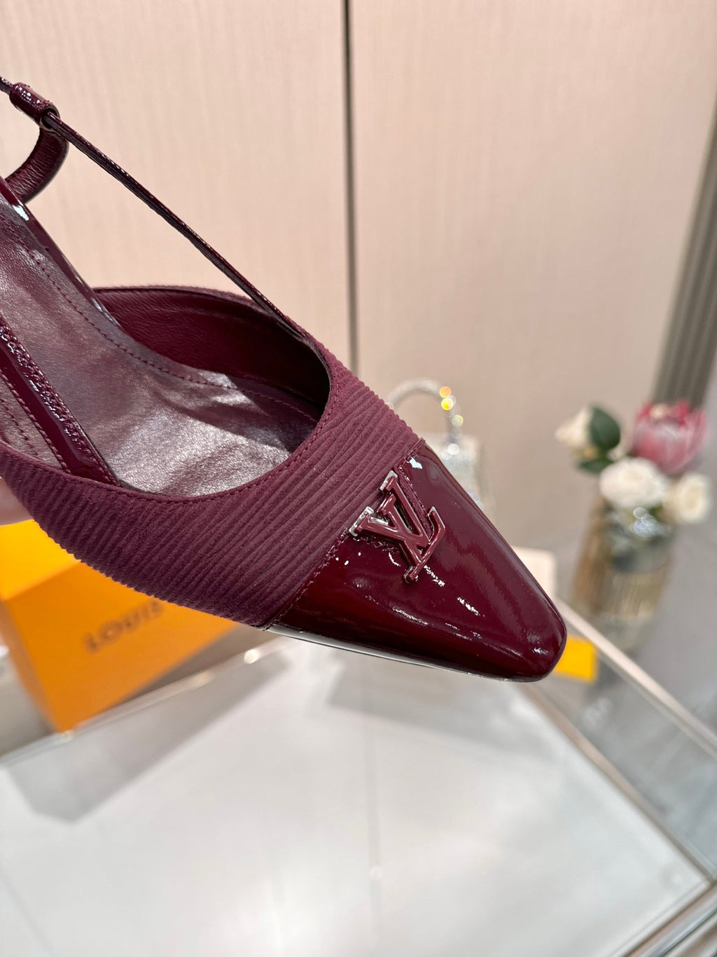 LV 26S SLINGBACK PUMPS 55 MM IN DARK RED FABRIC AND CALFSKIN