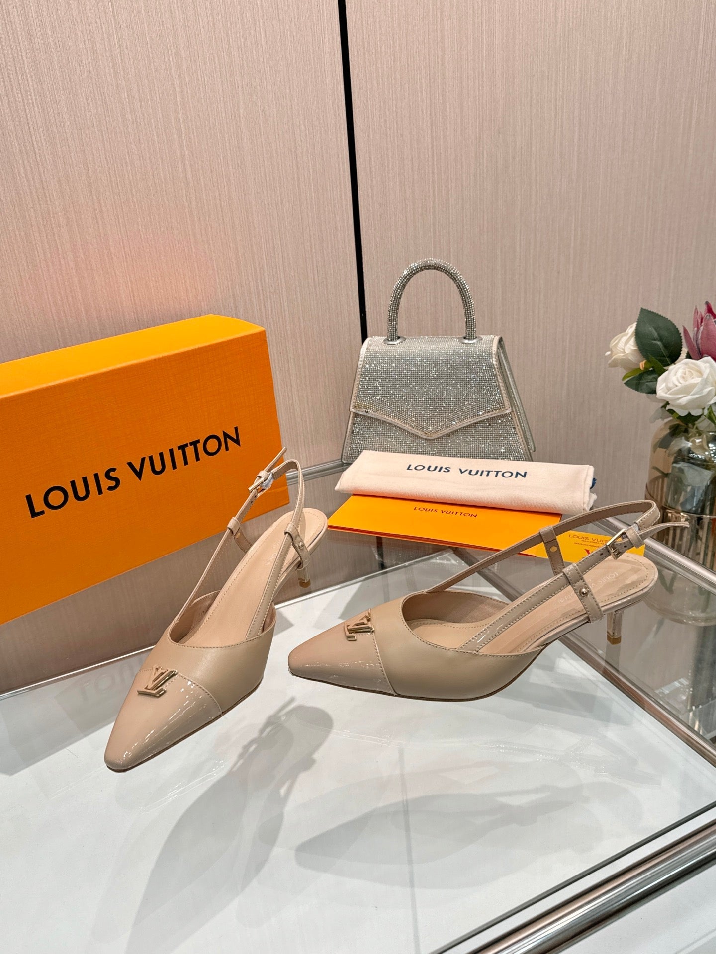 LV 26S SLINGBACK PUMPS 55 MM IN BEIGE BROWN CALFSKIN
