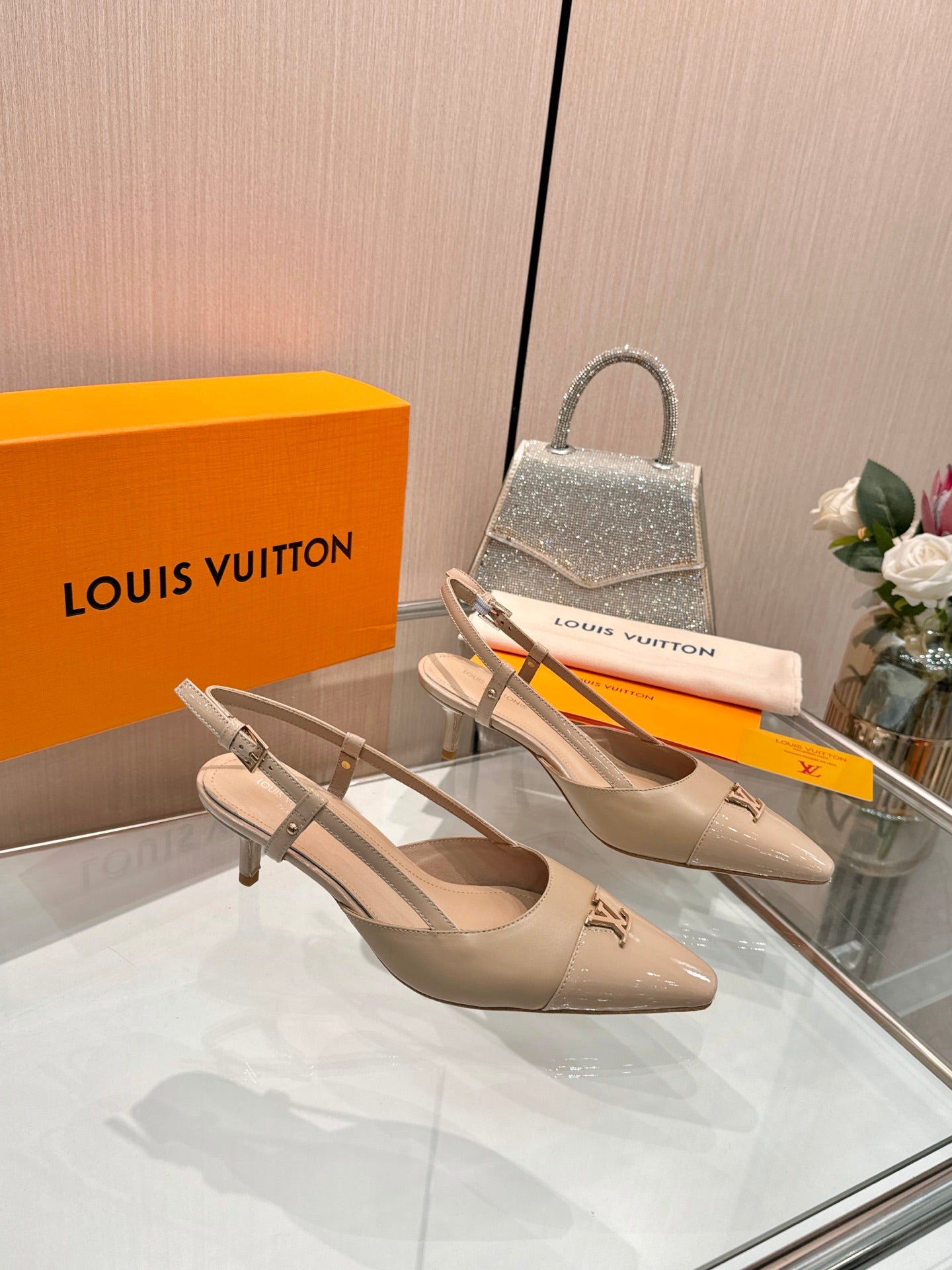LV 26S SLINGBACK PUMPS 55 MM IN BEIGE BROWN CALFSKIN