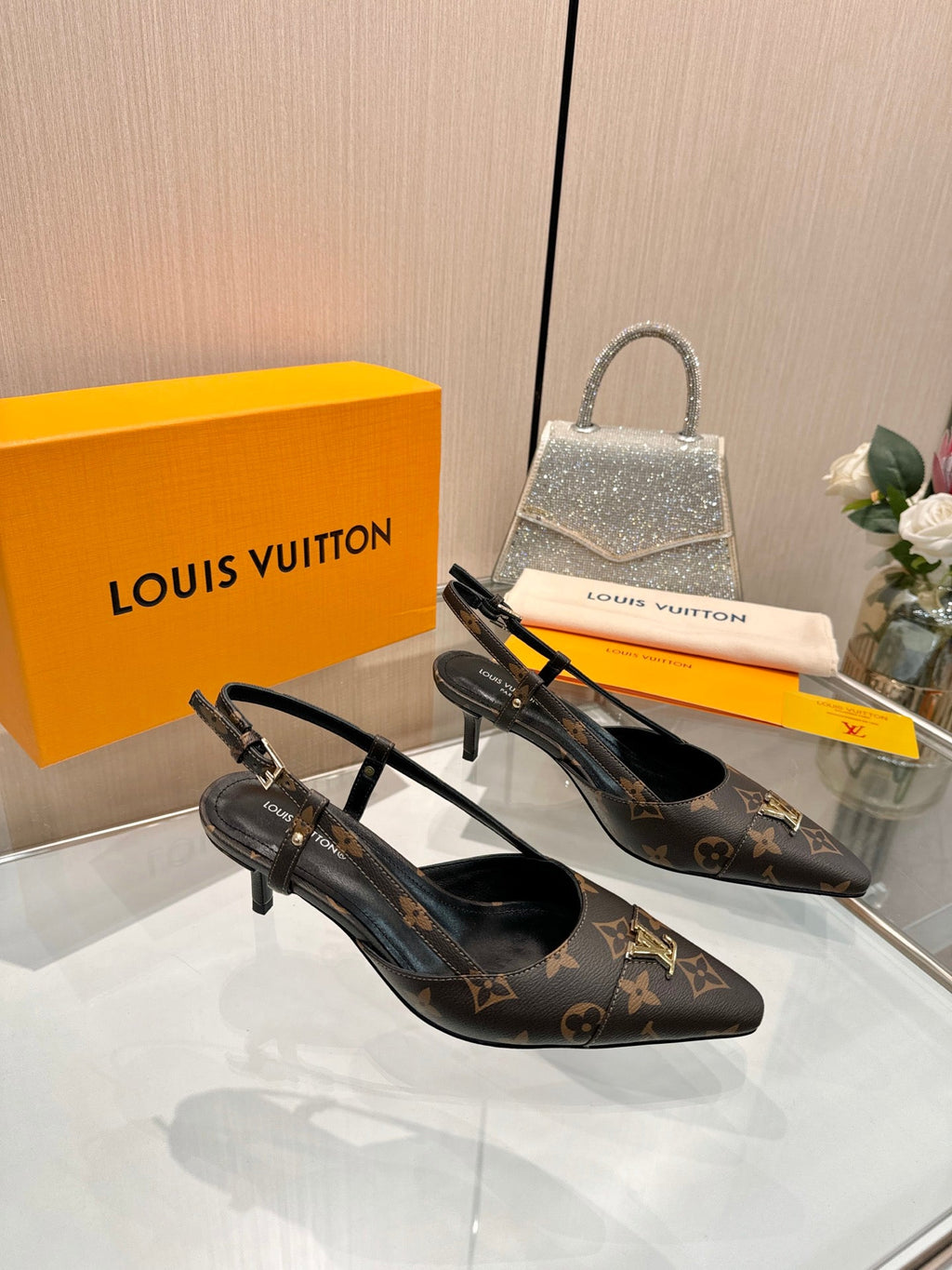 LV 26S SLINGBACK PUMPS 55 MM IN DARK BROWN COATED CANVAS