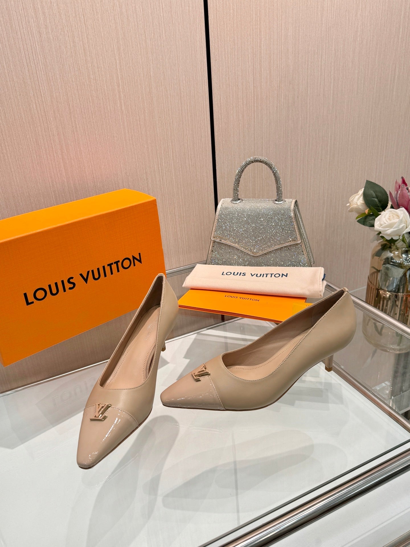 LV 26S POINTED-TOE HIGH HEELS 55 MM IN BEIGE BROWN CALFSKIN