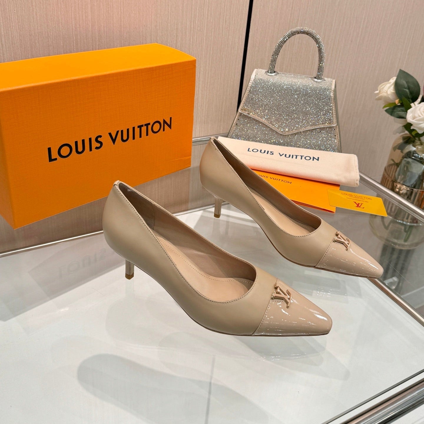 LV 26S POINTED-TOE HIGH HEELS 55 MM IN BEIGE BROWN CALFSKIN