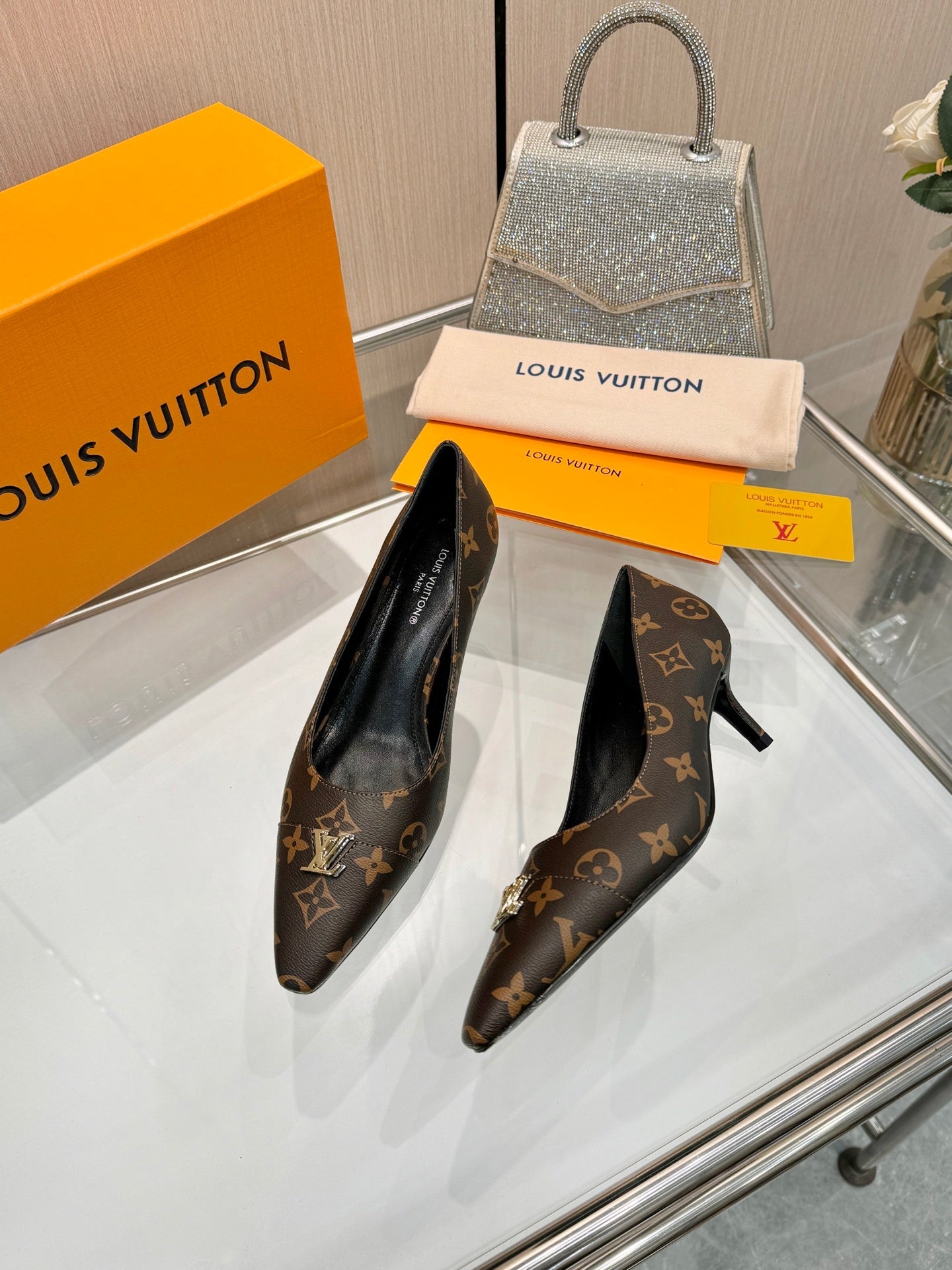 LV 26S POINTED-TOE HIGH HEELS 55 MM IN DARK BROWN COATED CANVAS