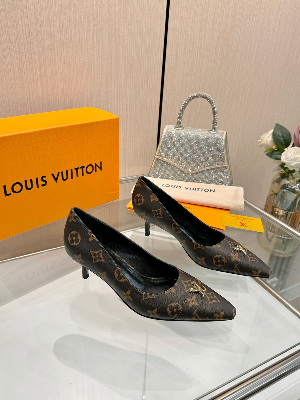 LV 26S POINTED-TOE HIGH HEELS 55 MM IN DARK BROWN COATED CANVAS