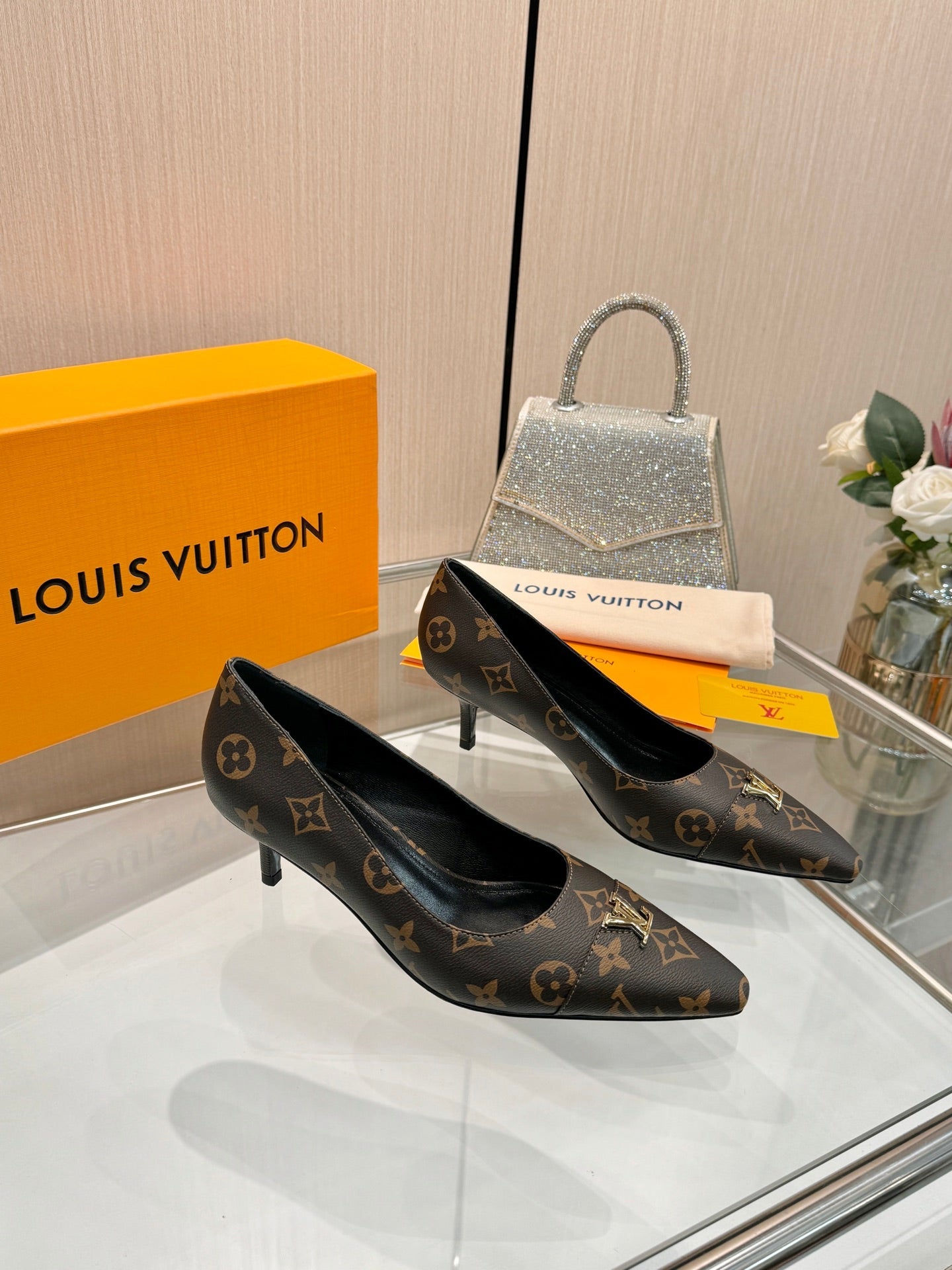 LV 26S POINTED-TOE HIGH HEELS 55 MM IN DARK BROWN COATED CANVAS