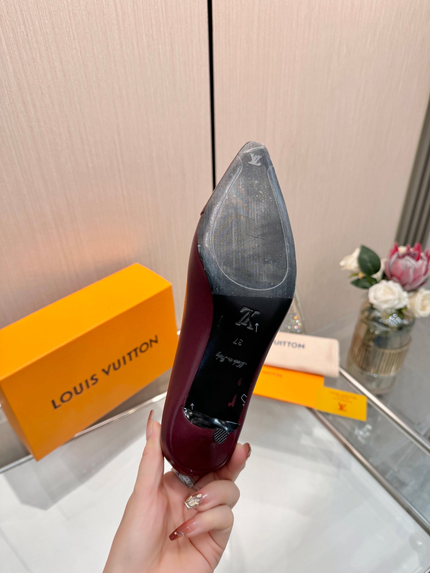 LV 26S POINTED-TOE HIGH HEELS 55 MM IN DARK RED CALFSKIN