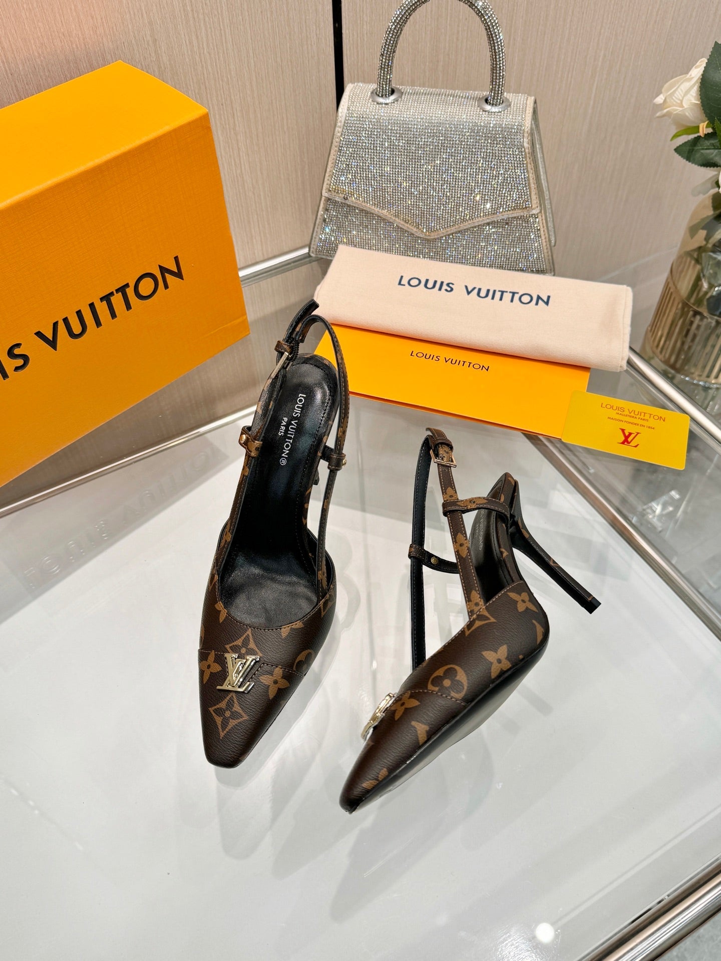 LV 26S SLINGBACK PUMPS 90 MM IN DARK BROWN COATED CANVAS