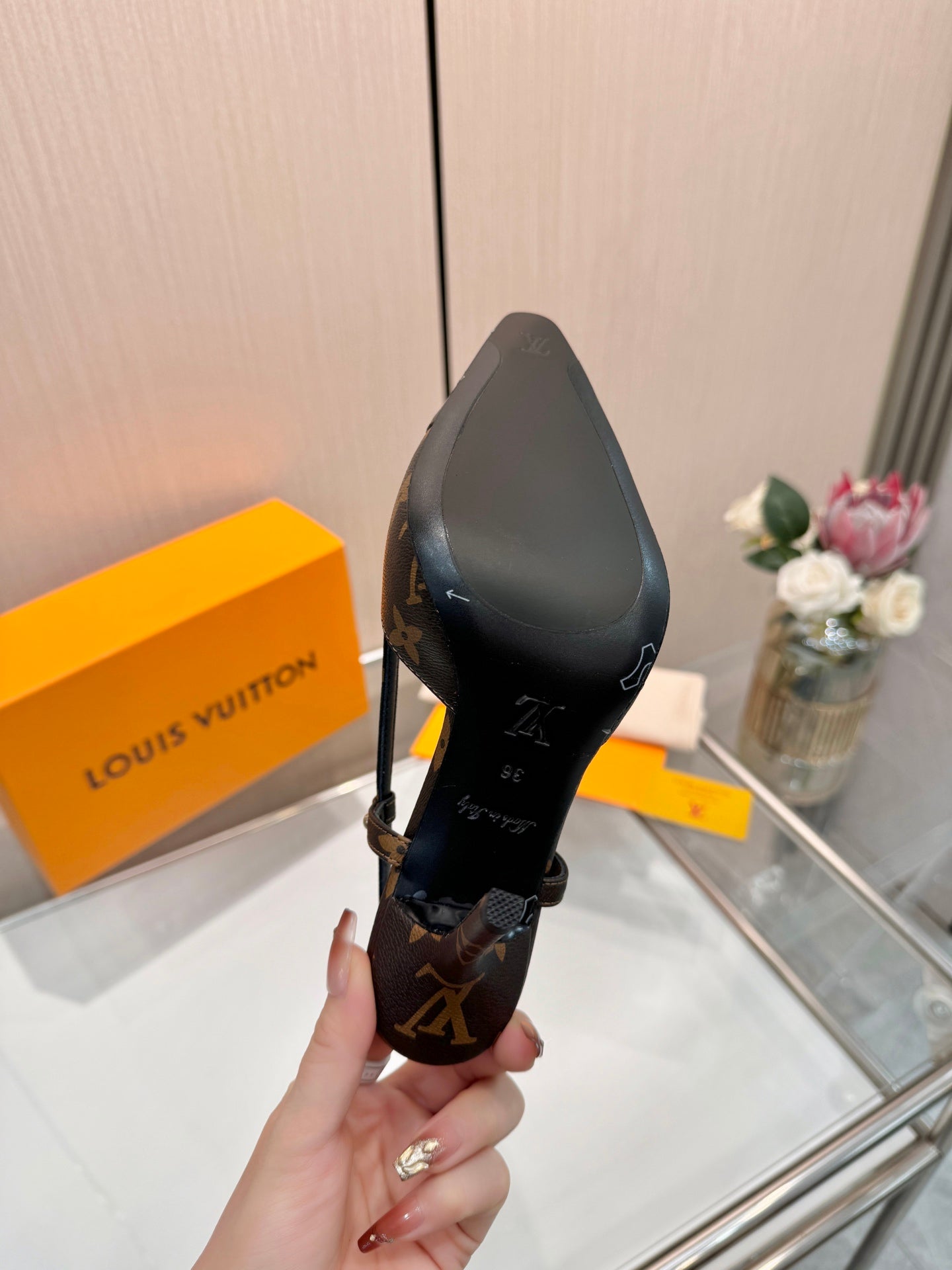 LV 26S SLINGBACK PUMPS 90 MM IN DARK BROWN COATED CANVAS