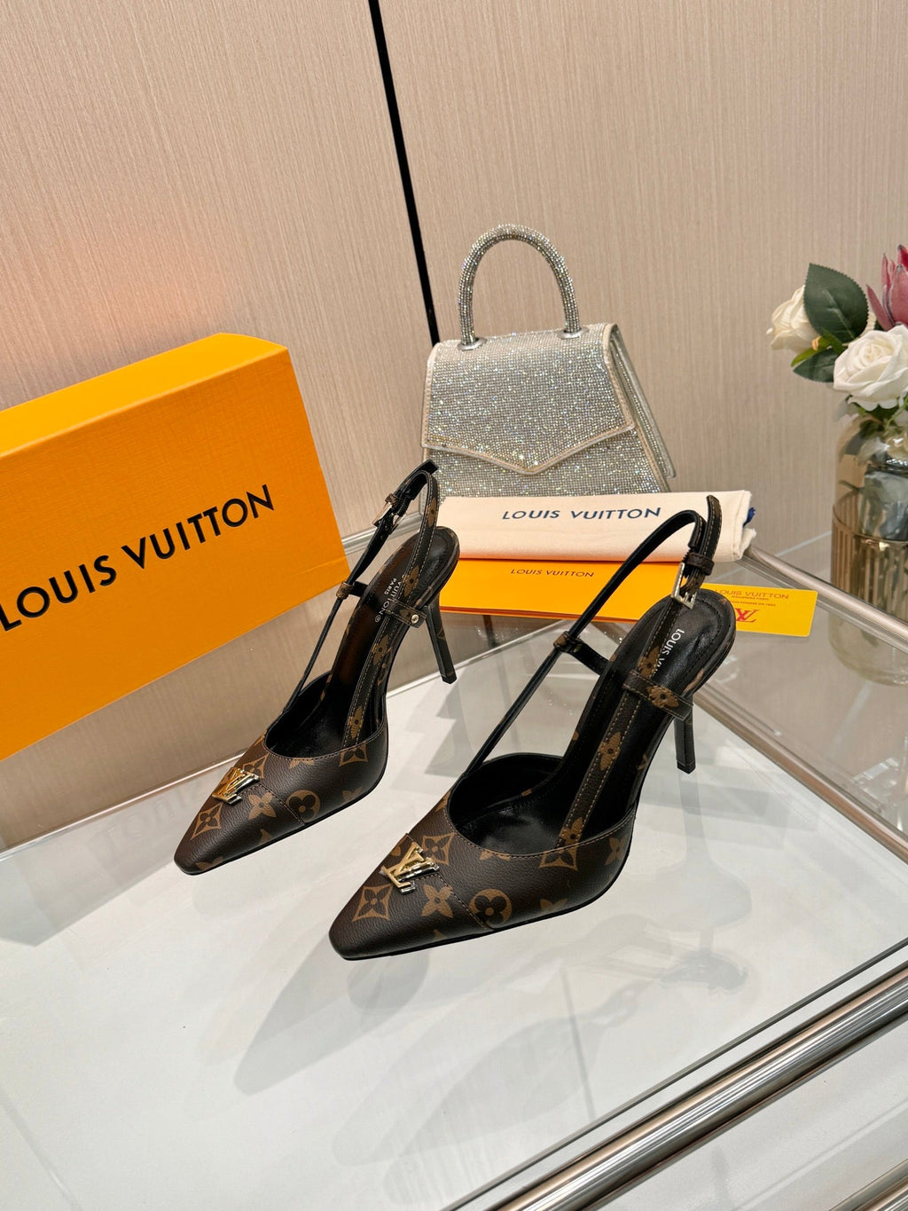 LV 26S SLINGBACK PUMPS 90 MM IN DARK BROWN COATED CANVAS