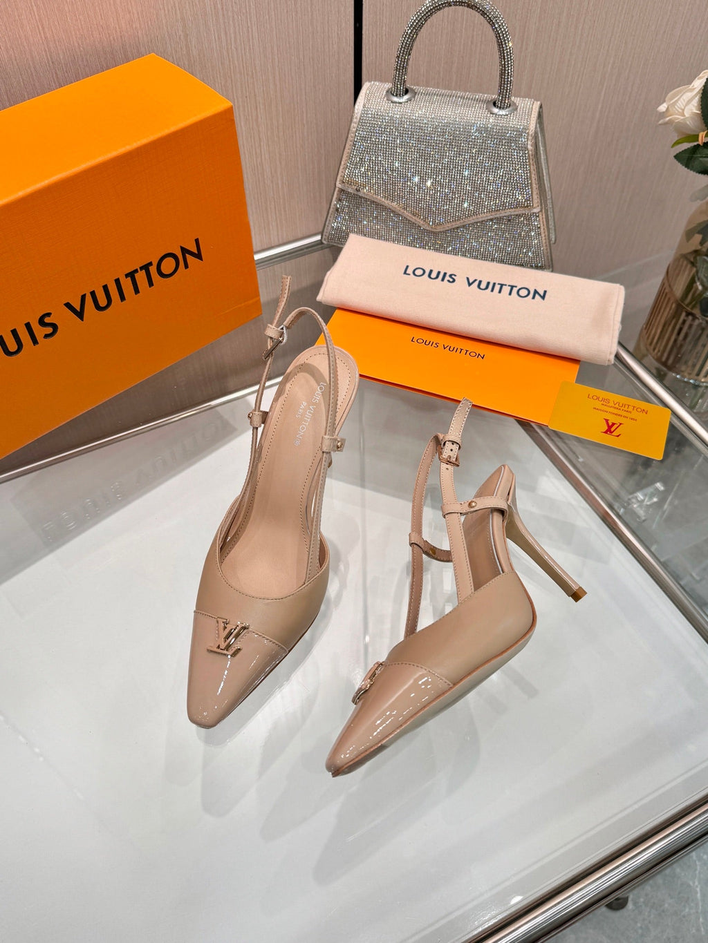 LV 26S SLINGBACK PUMPS 90 MM IN BEIGE BROWN CALFSKIN