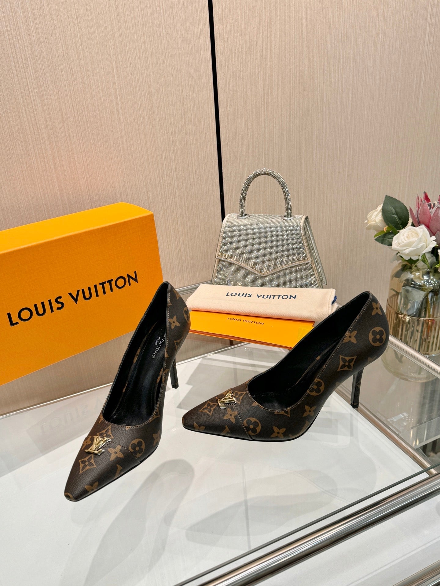LV 26S POINTED-TOE HIGH HEELS 90 MM IN DARK BROWN COATED CANVAS