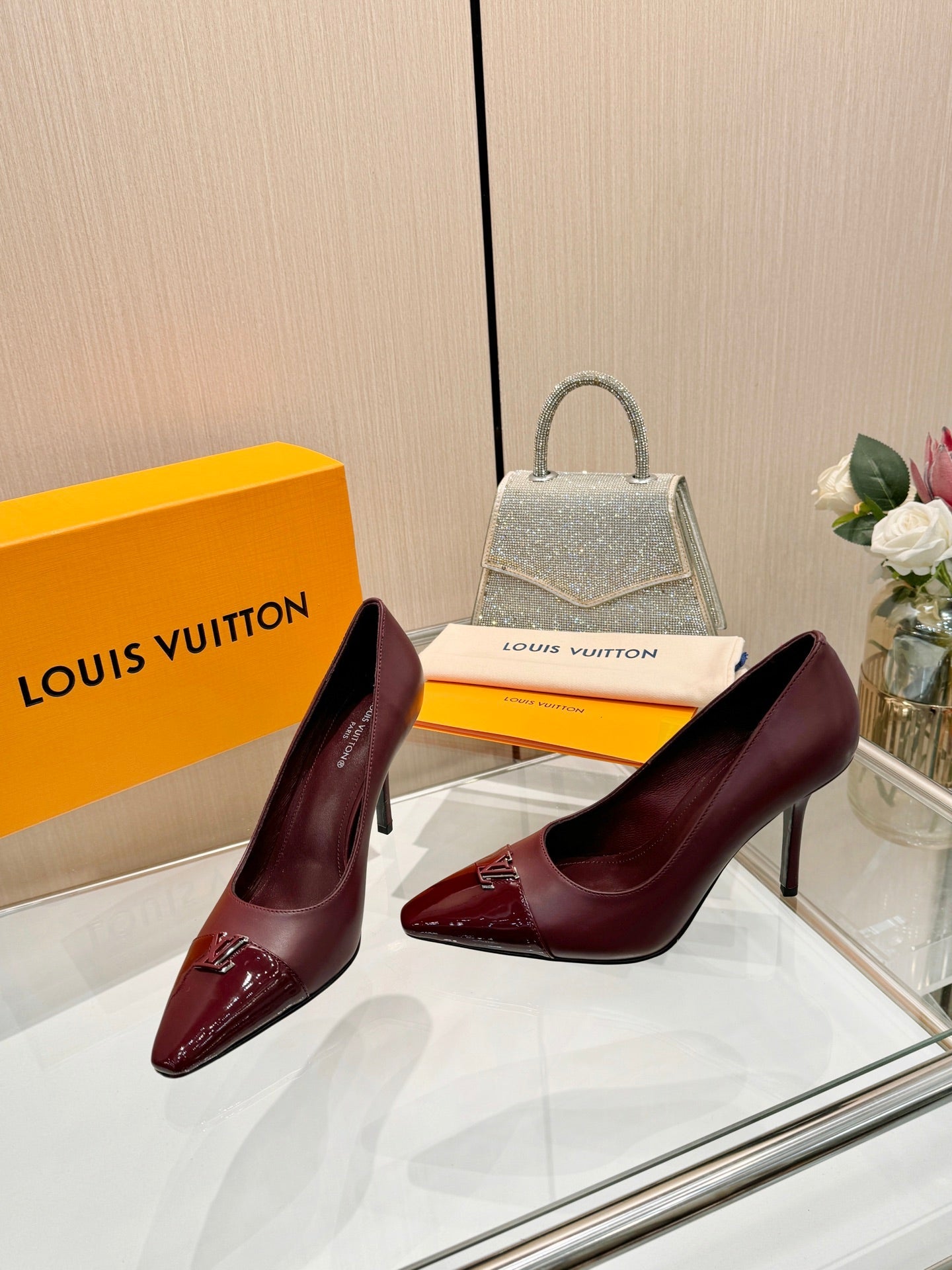 LV 26S POINTED-TOE HIGH HEELS 90 MM IN DARK RED CALFSKIN