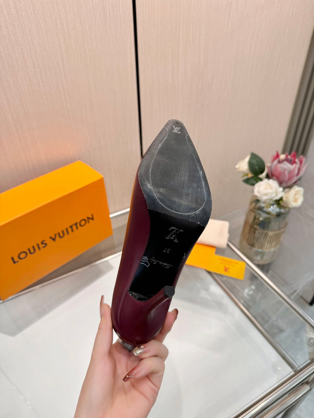LV 26S POINTED-TOE HIGH HEELS 90 MM IN DARK RED CALFSKIN