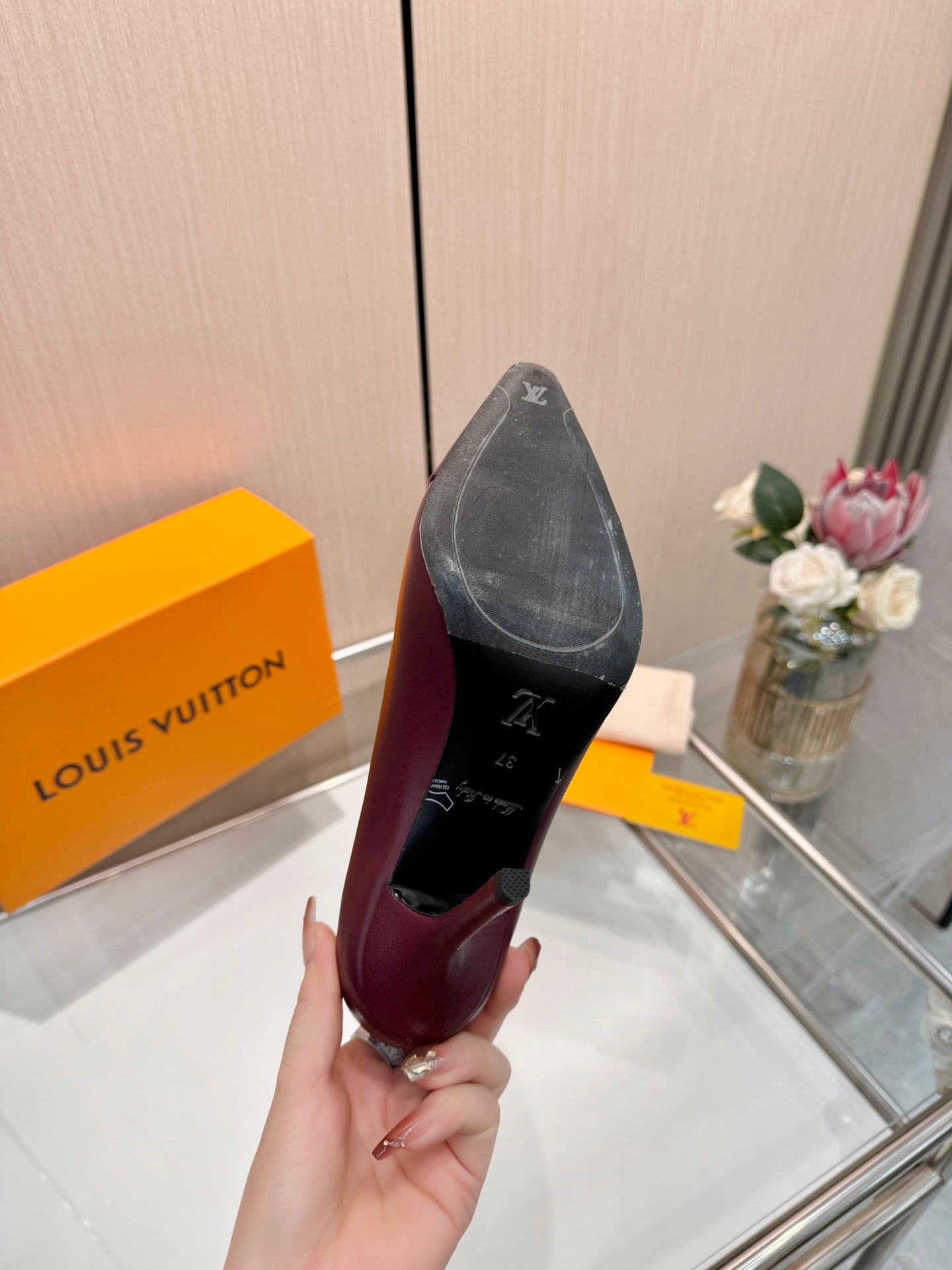 LV 26S POINTED-TOE HIGH HEELS 90 MM IN DARK RED CALFSKIN