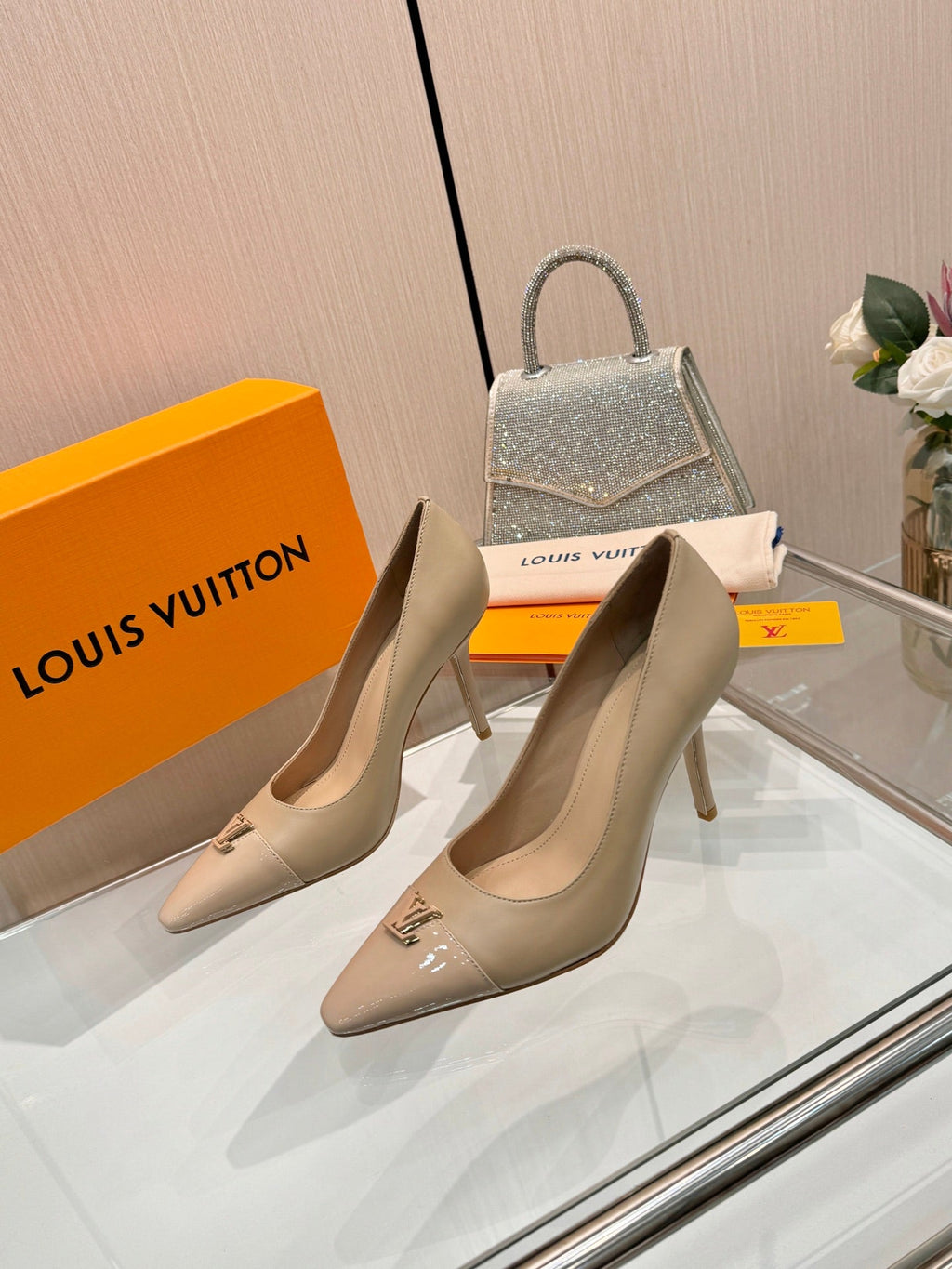LV 26S POINTED-TOE HIGH HEELS 90 MM IN BEIGE BROWN CALFSKIN