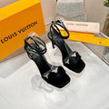 LV 26S HIGH-HEELED SANDALS 90 MM IN BLACK SATIN